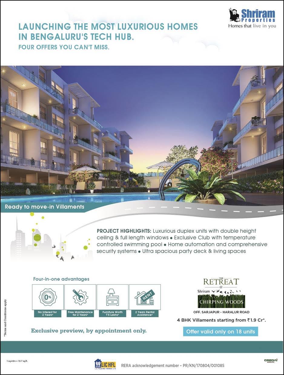 Launching The Retreat @ Shriram Chirping Woods with Duplex Villament in Bangalore